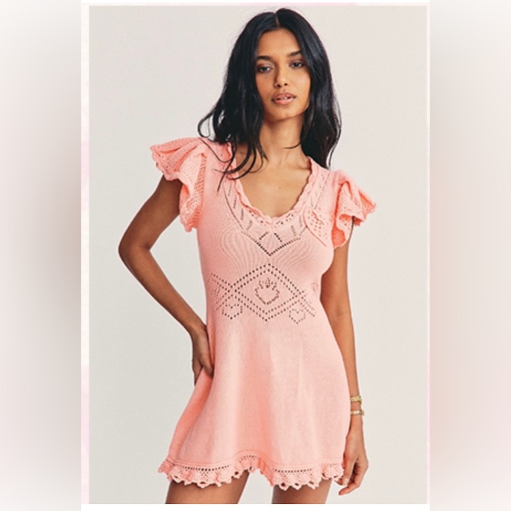 LoveShackFancy Fresno Knit Crochet Strawberry Mini Dress, Size Medium
